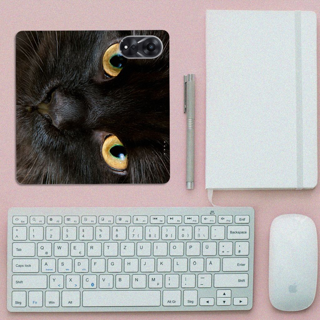 OPPO A78 | A58 5G Hoesje maken Zwarte Kat katten gezicht close-up design