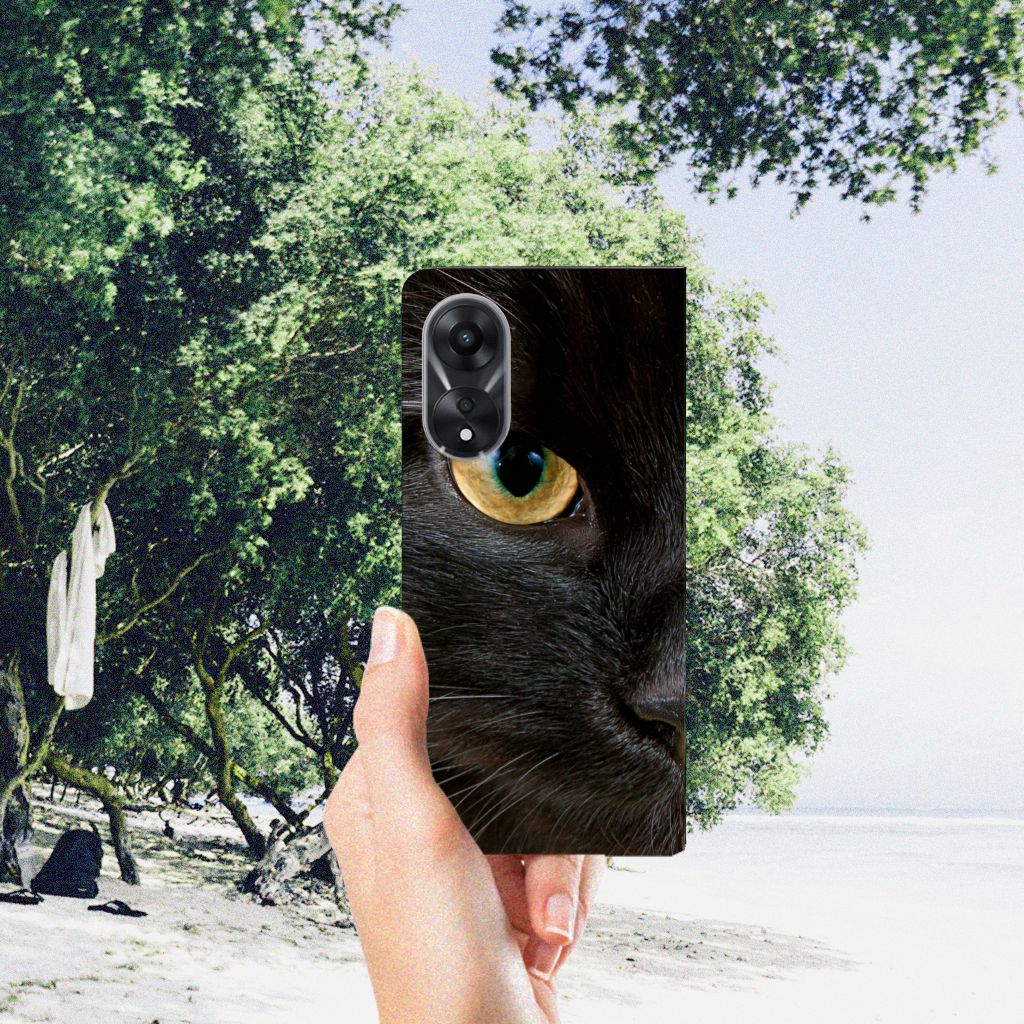 OPPO A78 | A58 5G Hoesje maken Zwarte Kat design zwart kat aanzicht