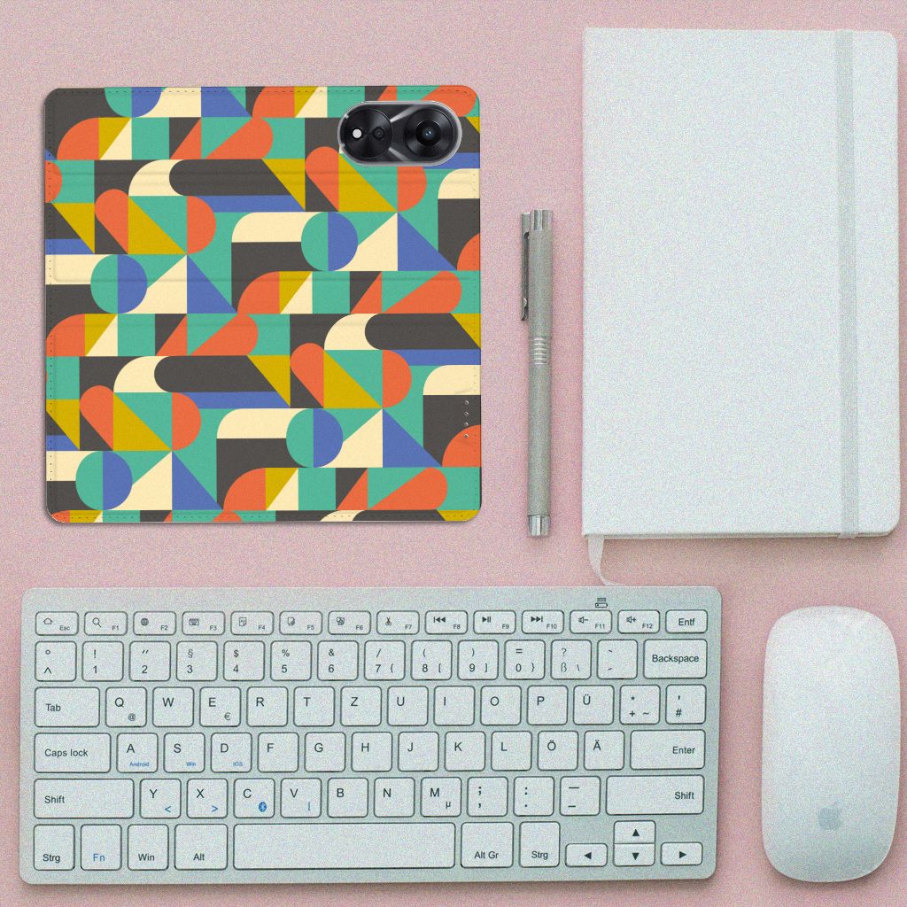 OPPO A78 | A58 5G Hoesje met Magneet Funky Retro bovenaanzicht kleurrijk ontwerp