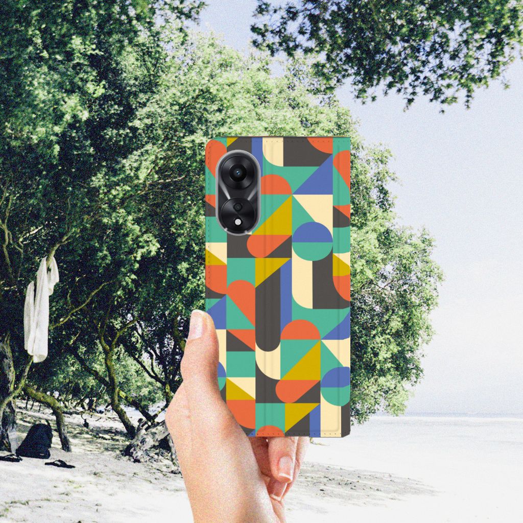 OPPO A78 | A58 5G Hoesje met Magneet Funky Retro kleurrijk ontwerp hand strand