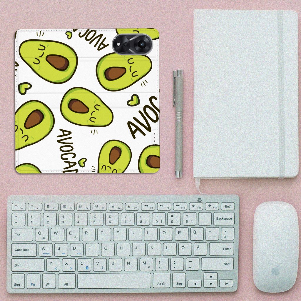 OPPO A78 | A58 5G Magnet Case Avocado Singing met schattige avocado's op een bureauomgeving