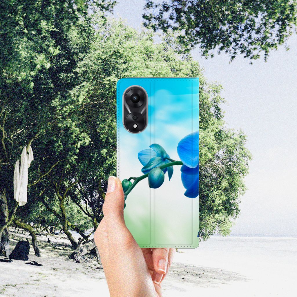 OPPO A78 | A58 5G Smart Cover Orchidee Blauw - Cadeau voor je Moeder met elegante orchideeën design 🌺.