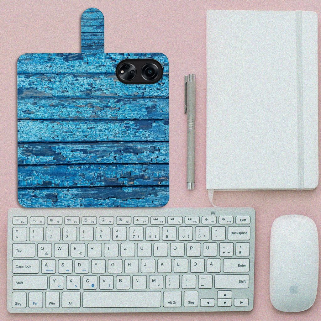 OPPO A98 5G Book Style Case Wood Blue boekhoesje afgebladderd blauw hout bovenaanzicht