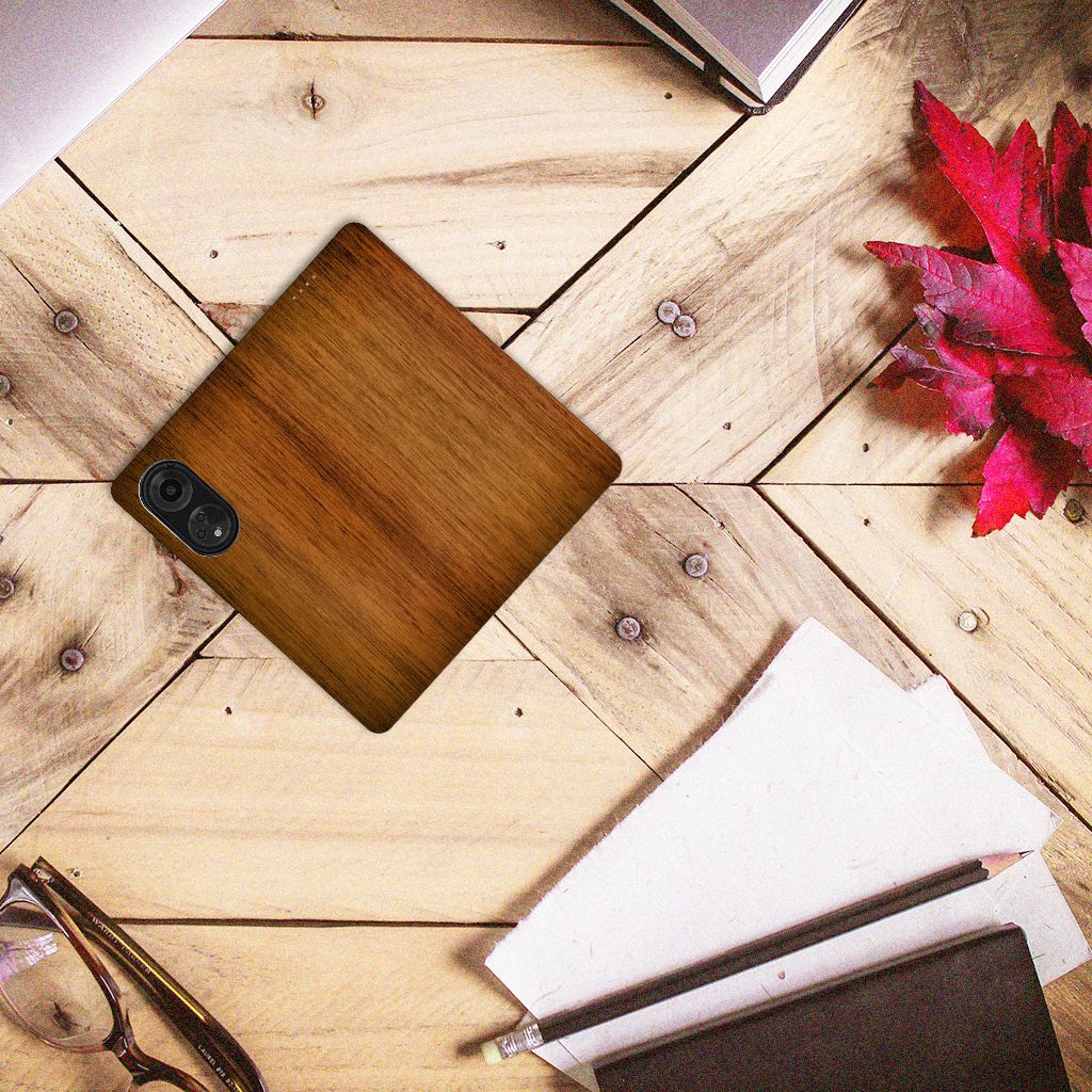 OPPO A98 5G Book Wallet Case Donker Hout achterkant bovenaanzicht