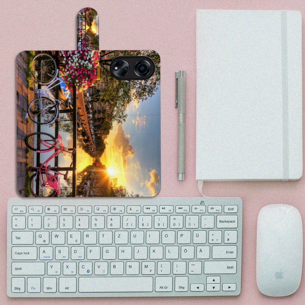 OPPO A98 5G Flip Cover Amsterdamse Grachten ontwerp fietsen aanzicht