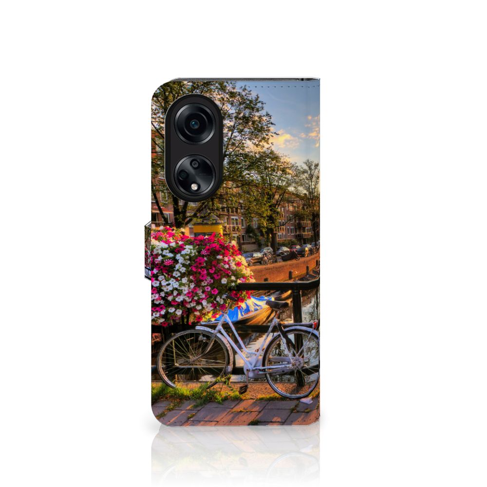 OPPO A98 5G Flip Cover Amsterdamse Grachten design Amsterdam grachten fiets bloemen