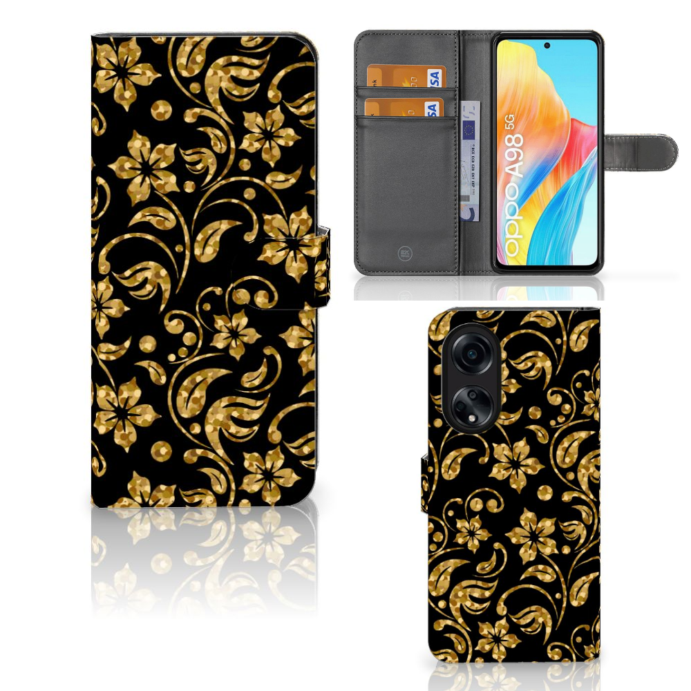 OPPO A98 5G Hoesje Gouden Bloemen met prachtig bloemen design en pasjes vakjes, perfect cadeau voor gebruiksgemak.
