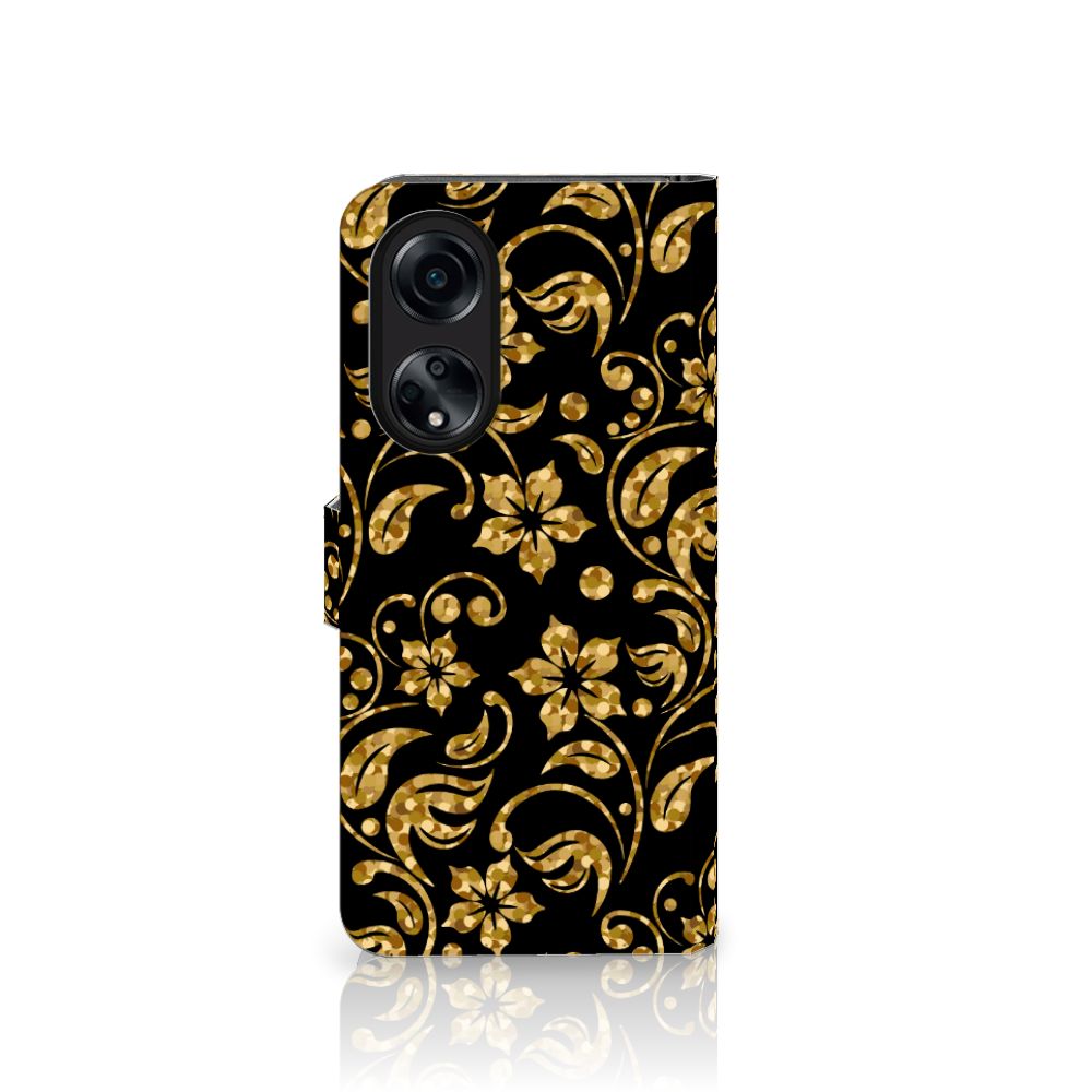 OPPO A98 5G Hoesje Gouden Bloemen met een prachtig gouden bloemen design op een zwart achtergrond.