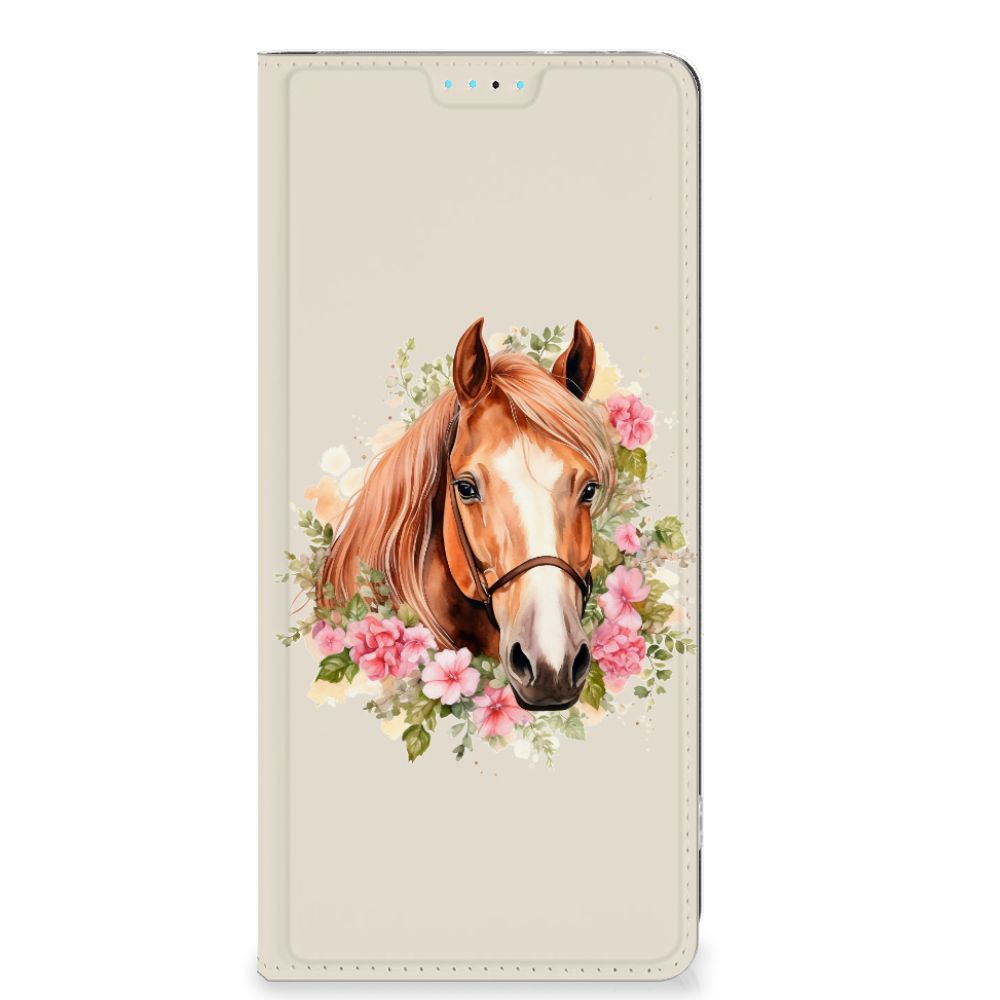 OPPO A98 5G Hoesje Maken met Eigen Foto met een afbeelding van een paard omringd door bloemen.