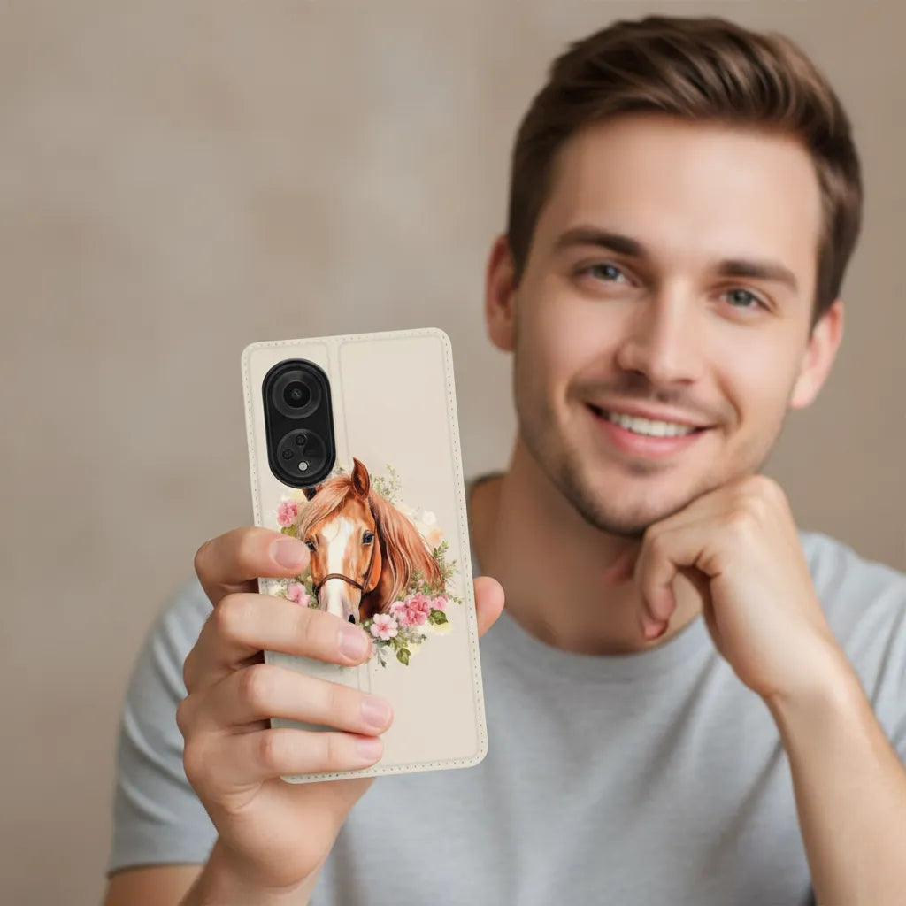 Man holding an OPPO A98 5G Hoesje Maken met Eigen Foto featuring a horse design.