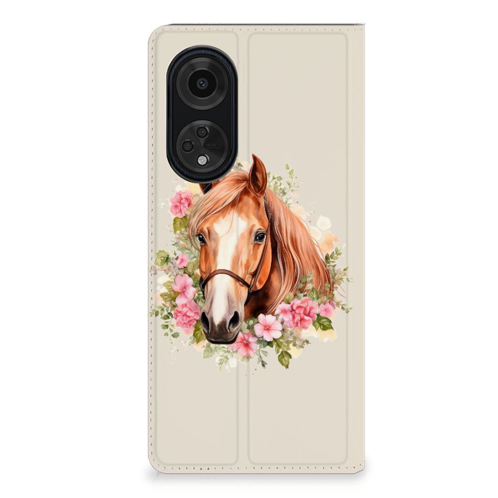 OPPO A98 5G Hoesje Maken met Eigen Foto met een schattige paardenafbeelding en bloemenachtergrond.