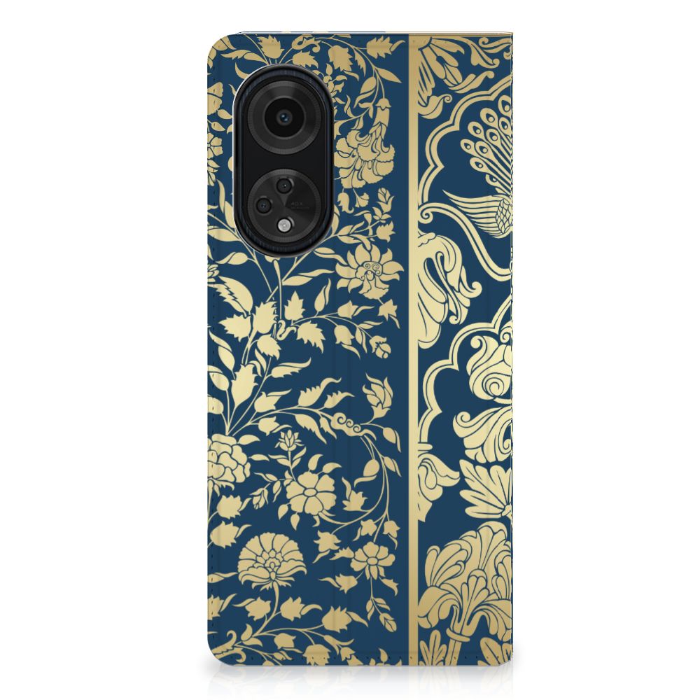 OPPO A98 5G Smart Cover Beige Flowers hoesje bloemen donkerblauw design