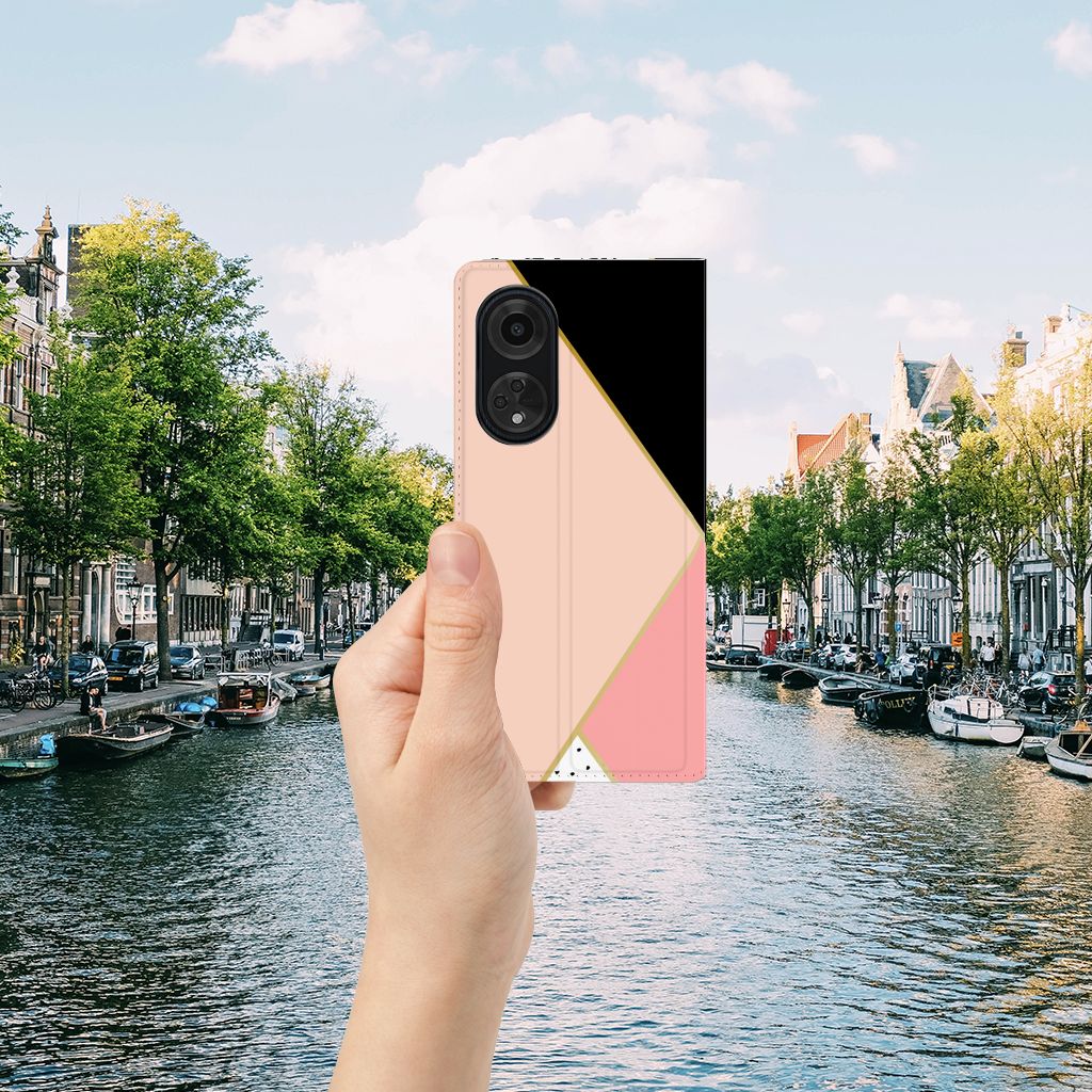 OPPO A98 5G Stand Case Zwart Roze Vormen hand river view design