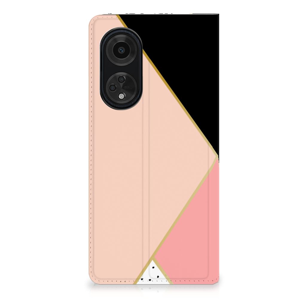 OPPO A98 5G Stand Case Zwart Roze Vormen Design Standcase Aanzicht