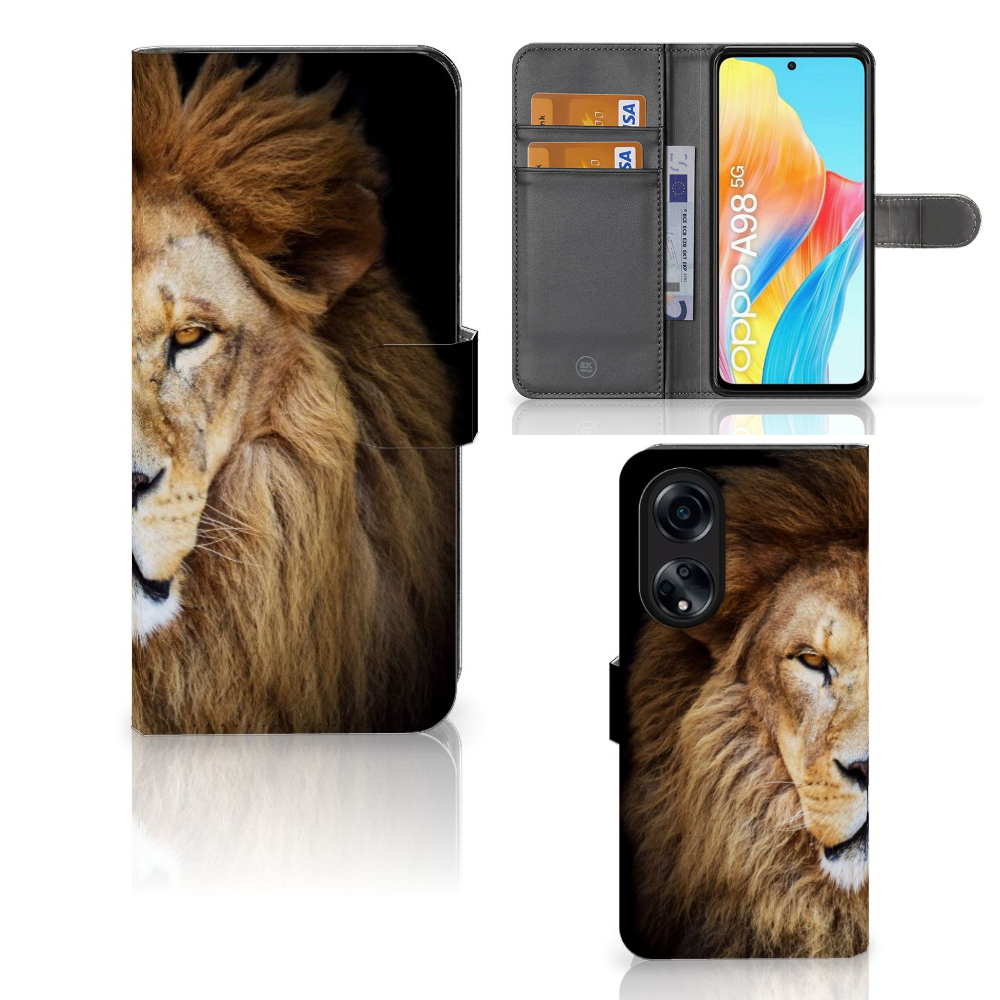 OPPO A98 5G Telefoonhoesje met Pasjes Leeuw design voorkant zijkant binnenkant