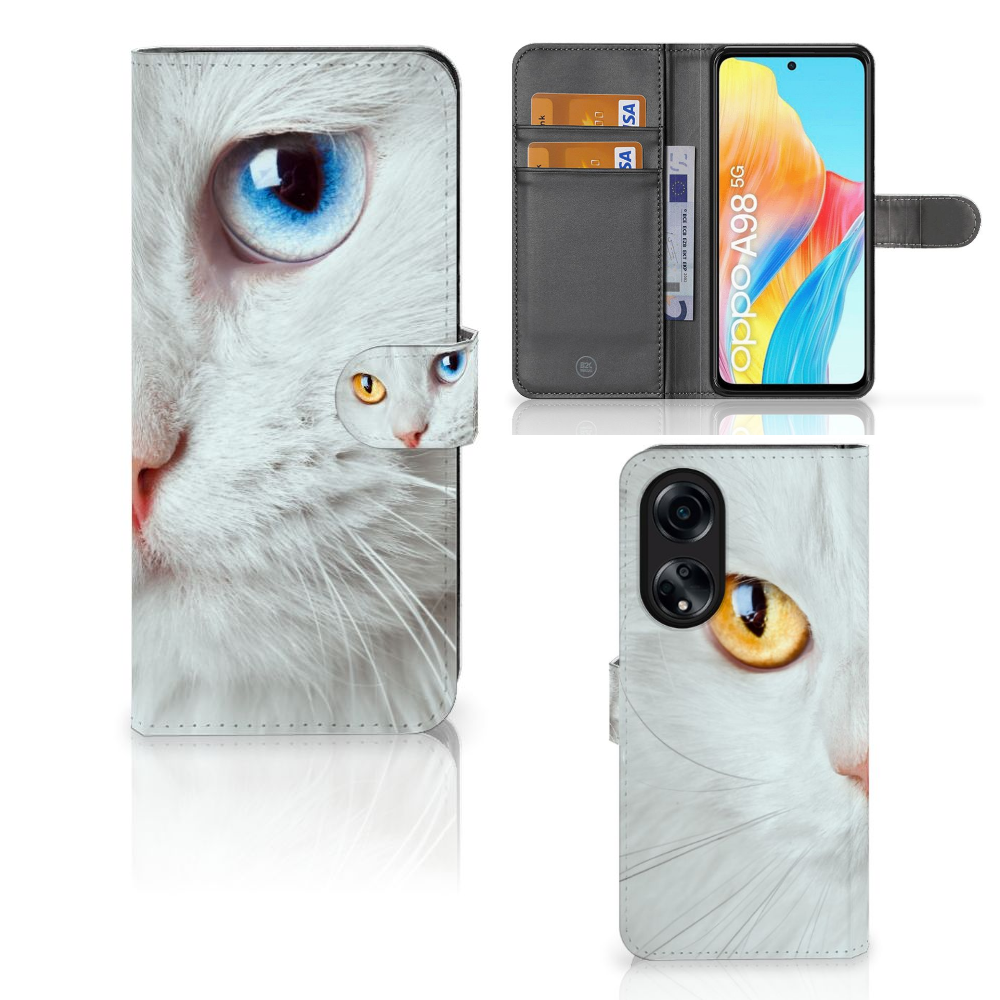 OPPO A98 5G Telefoonhoesje met Pasjes Witte Kat met unieke ogen in blauw en goud 🍭