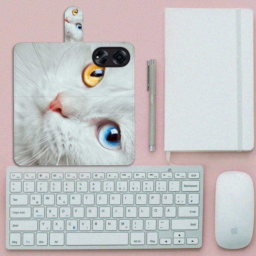 OPPO A98 5G Telefoonhoesje met Pasjes Witte Kat met unieke kattenillustratie voor bescherming en duurzaamheid.