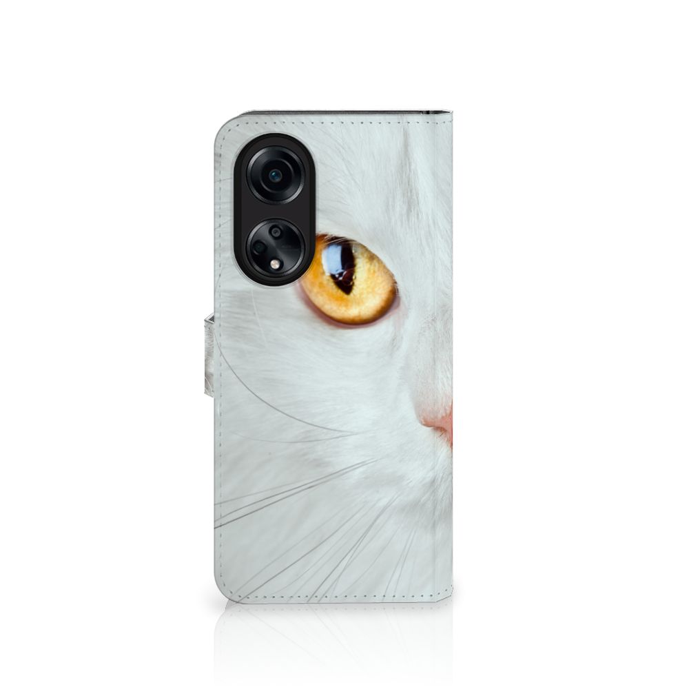 OPPO A98 5G Telefoonhoesje met Pasjes Witte Kat met opvallende ogen, stijlvol en duurzaam design voor perfecte bescherming.
