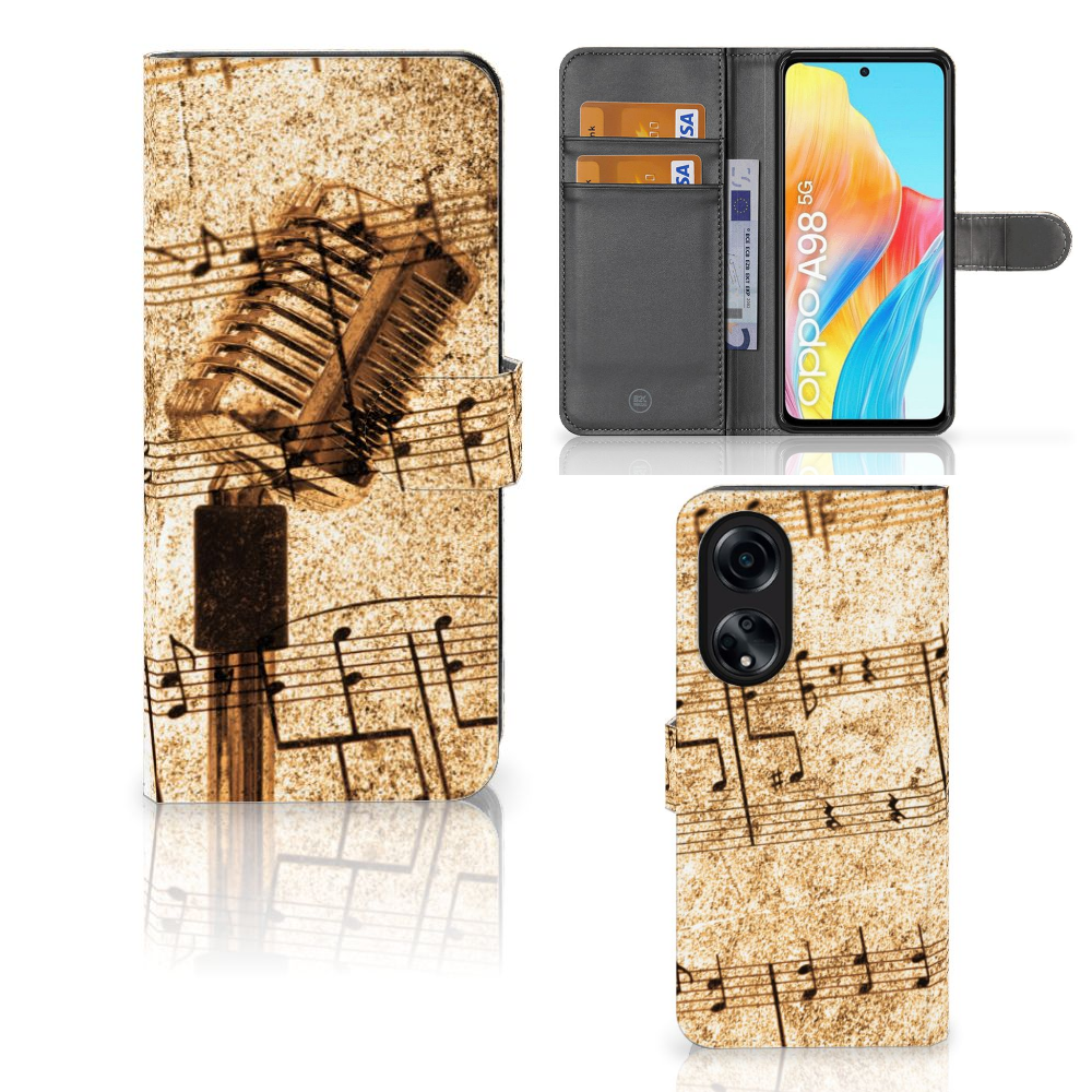 OPPO A98 5G Telefoonhoesje met foto Bladmuziek design bladmuziek voorzijde zijaanzicht