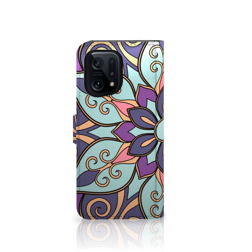 OPPO Find X5 Hoesje Purple Flower boekhoesje paarse bloemen design aanzicht