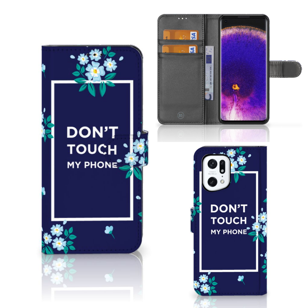 OPPO Find X5 Pro Portemonnee Hoesje Flowers Blue DTMP voorkant binnenkant zijkant