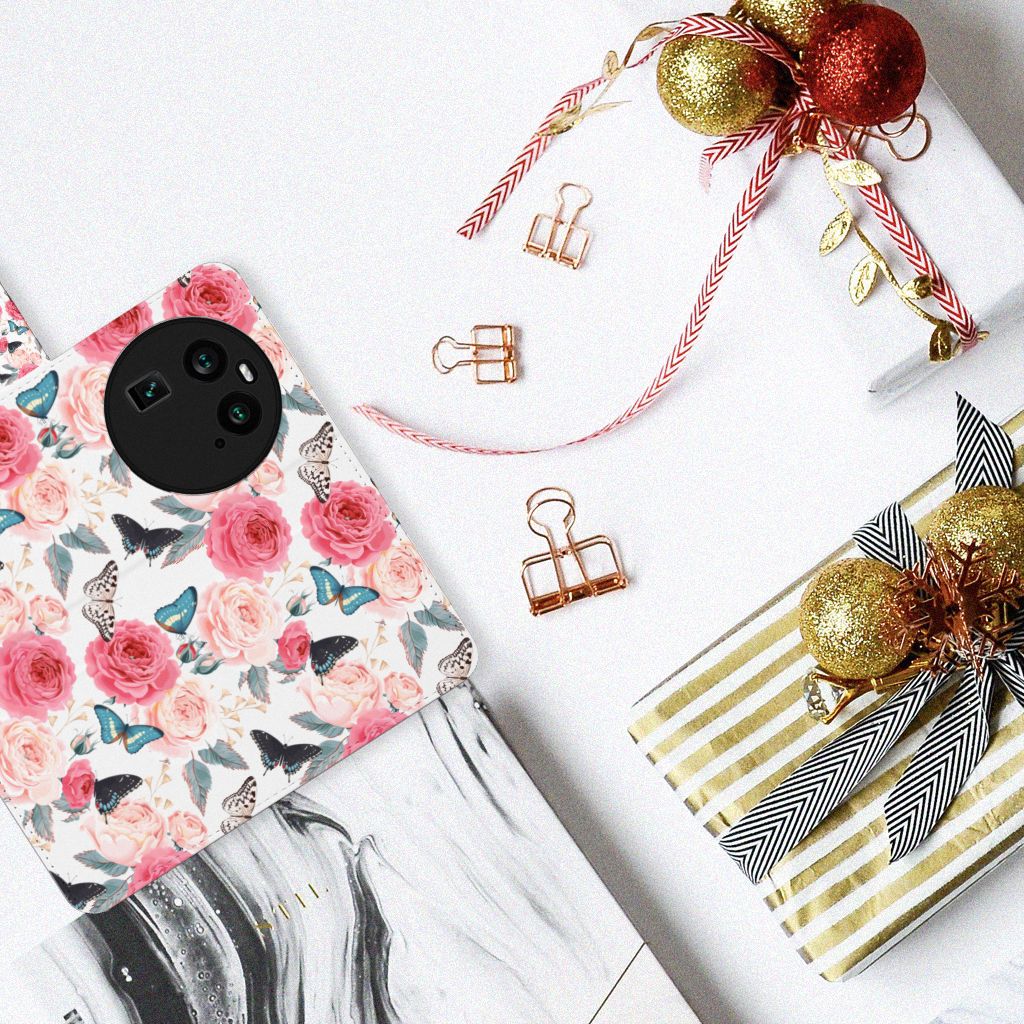 OPPO Find X6 Hoesje Butterfly Roses telefoonhoesje bloemen vlinders bovenaanzicht