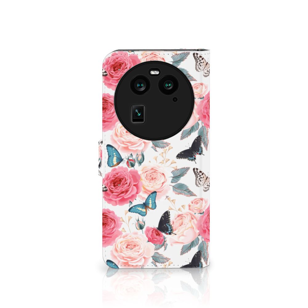 OPPO Find X6 Hoesje Butterfly Roses boekhoesje rozen vlinders zijaanzicht