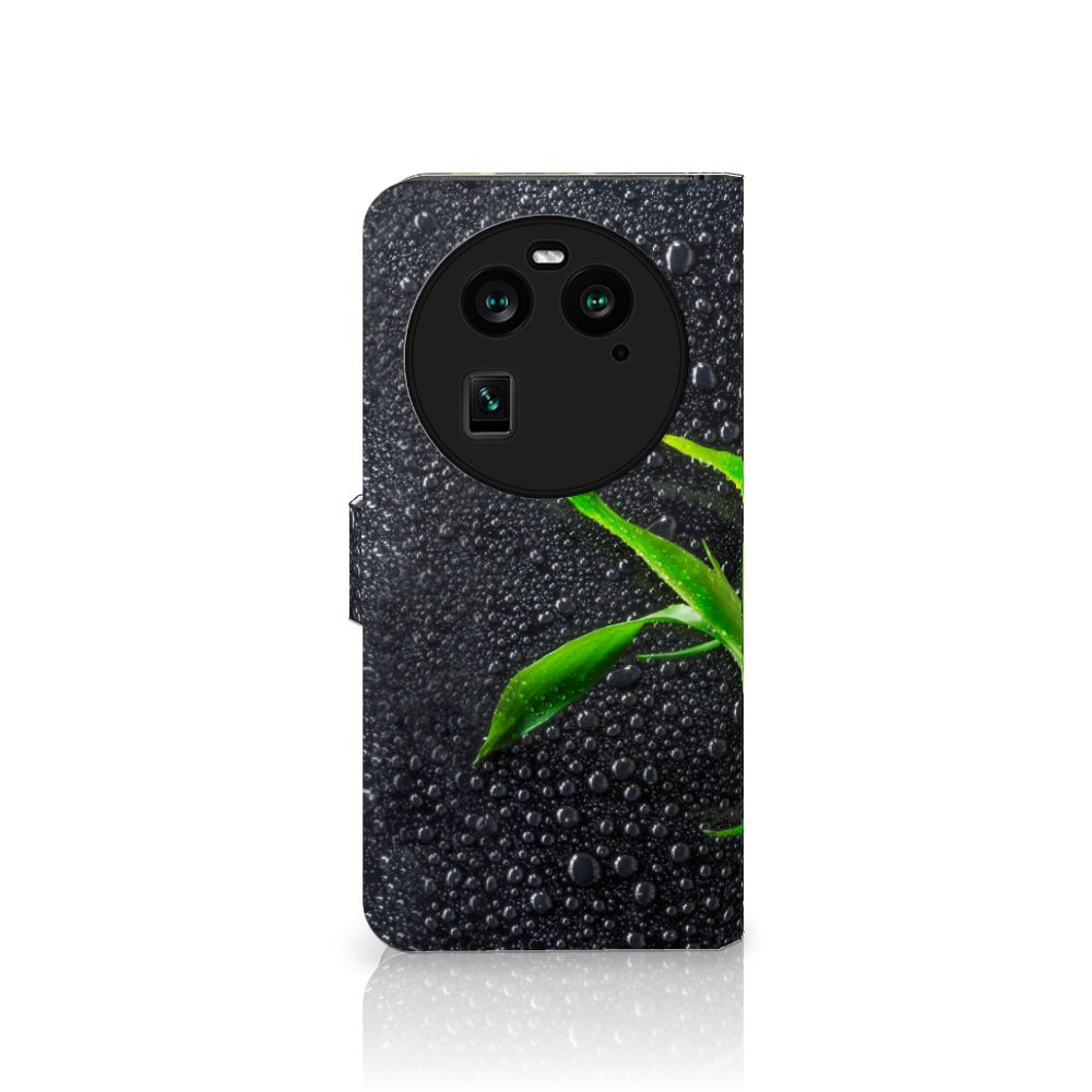 OPPO Find X6 Hoesje Orchidee design hoesje voorzijde met waterdruppels en groene bladeren