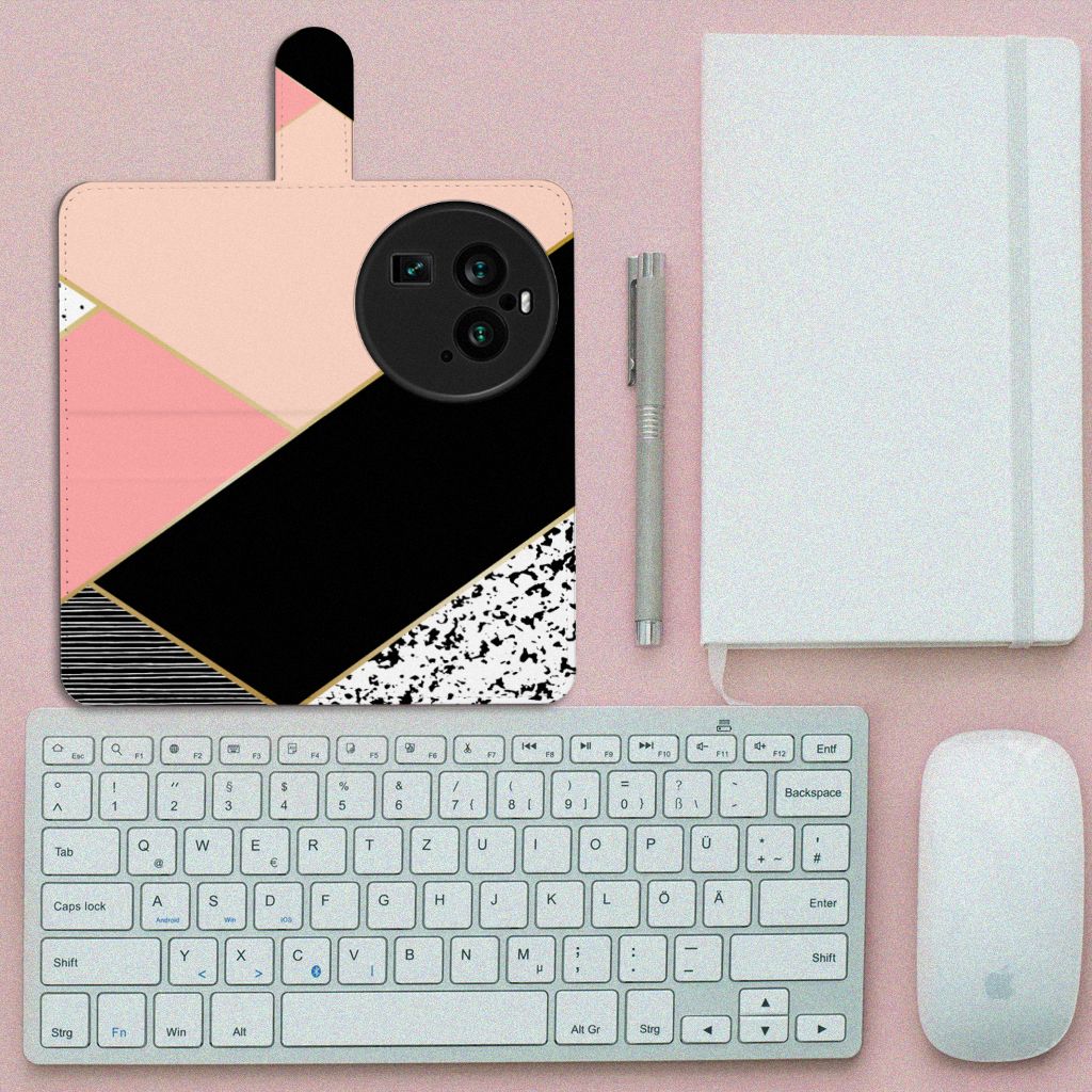 OPPO Find X6 Pro Book Case Zwart Roze Vormen geometrisch ontwerp voorkant