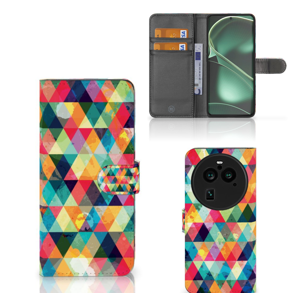 OPPO Find X6 Pro Telefoon Hoesje Geruit kleurrijk geometrisch design front en binnenkant
