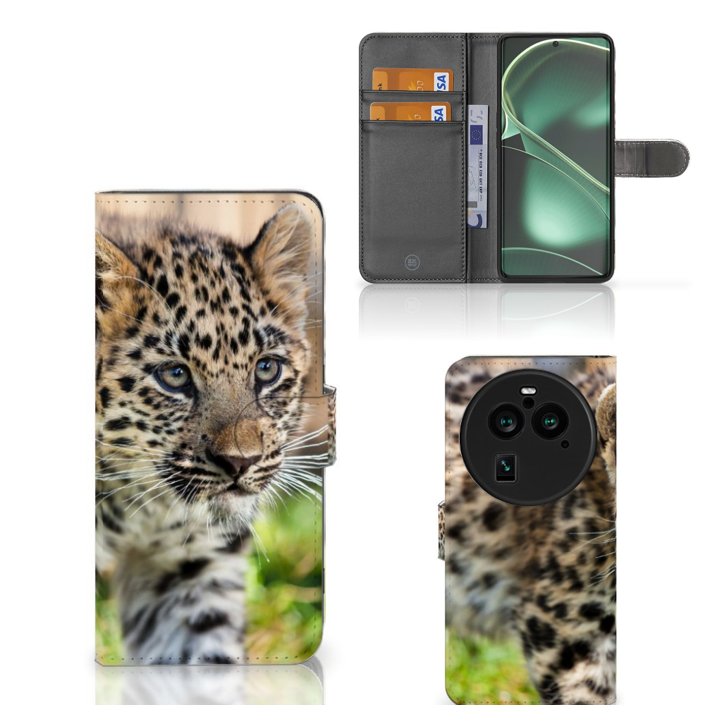 OPPO Find X6 Pro Telefoonhoesje met Pasjes Baby Luipaard hoesje design luipaard aanzicht