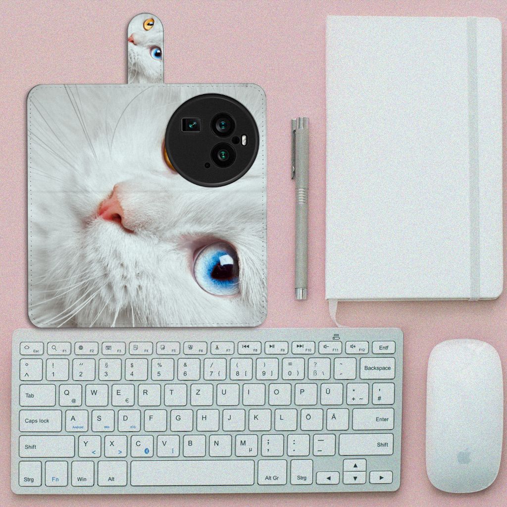 OPPO Find X6 Pro Telefoonhoesje met Pasjes Witte Kat design witte kat close-up