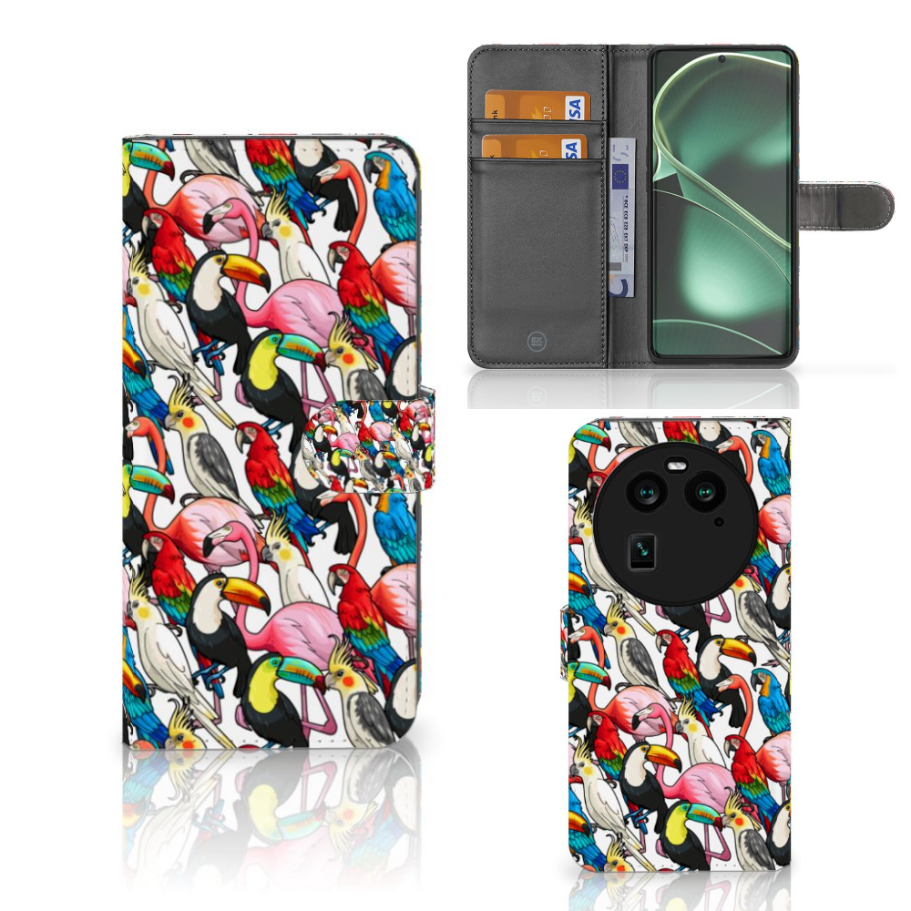 OPPO Find X6 Telefoonhoesje met Pasjes Birds kleuren vogels front achterkant binnenkant