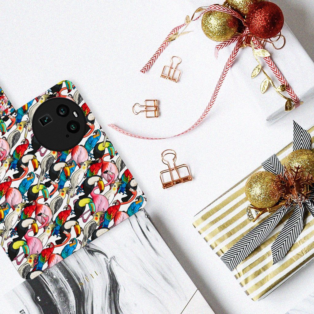 OPPO Find X6 Telefoonhoesje met Pasjes Birds kleurrijk design bovenaanzicht