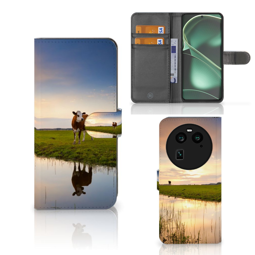 OPPO Find X6 Telefoonhoesje met Pasjes Koe telefoonhoes koe landschap aanzicht