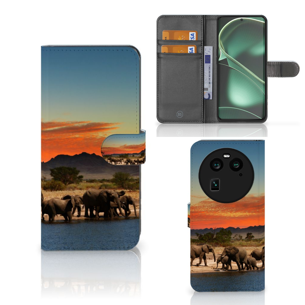 OPPO Find X6 Telefoonhoesje met Pasjes Olifanten olifanten water lucht natuur design voorkant achterkant