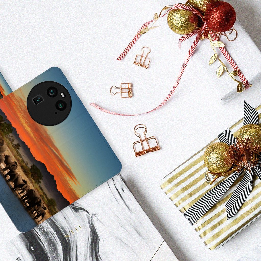 OPPO Find X6 Telefoonhoesje met Pasjes Olifanten op een cadeau met gouden decoraties.