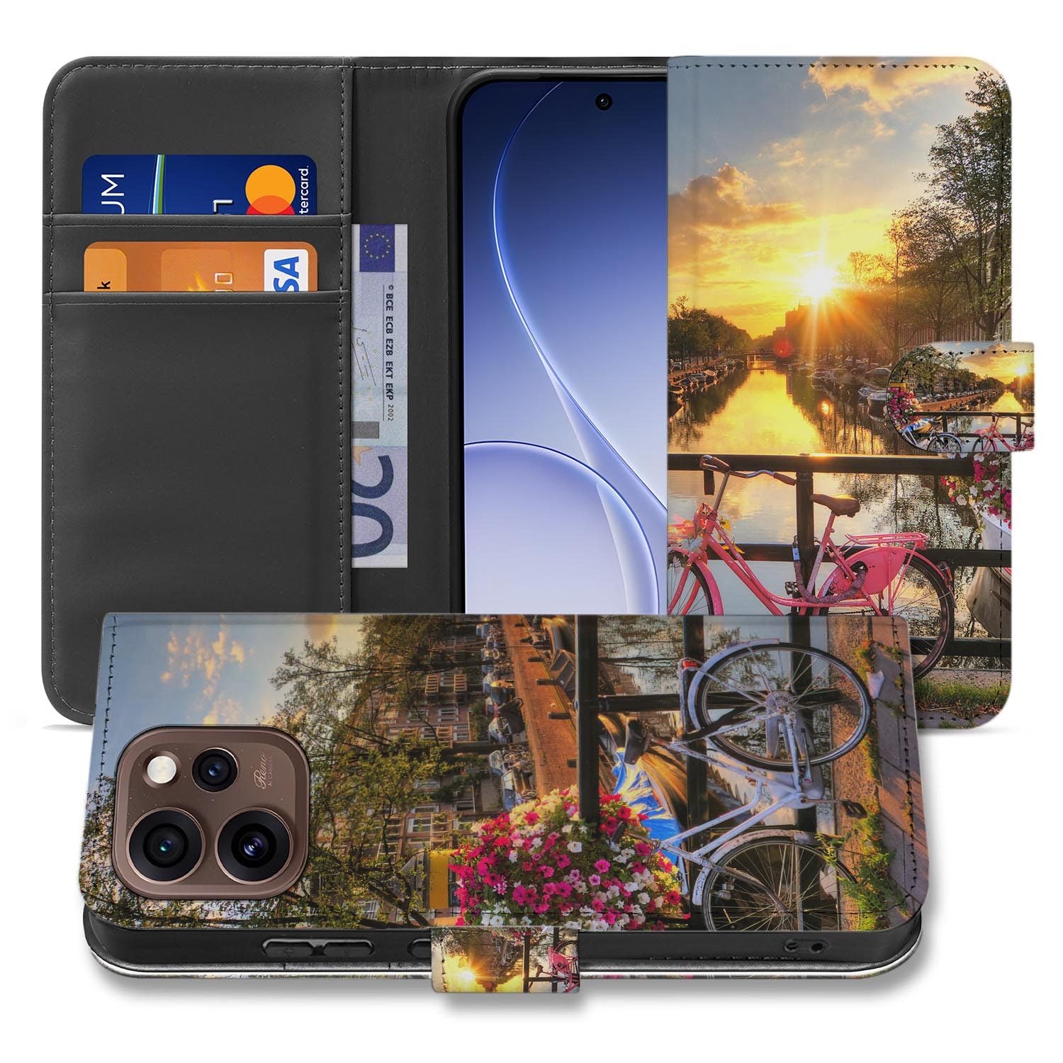 Bookcase hoesje OPPO Reno15 Pro Amsterdamse Grachten opengeklapt met pasjesvakken zichtbaar