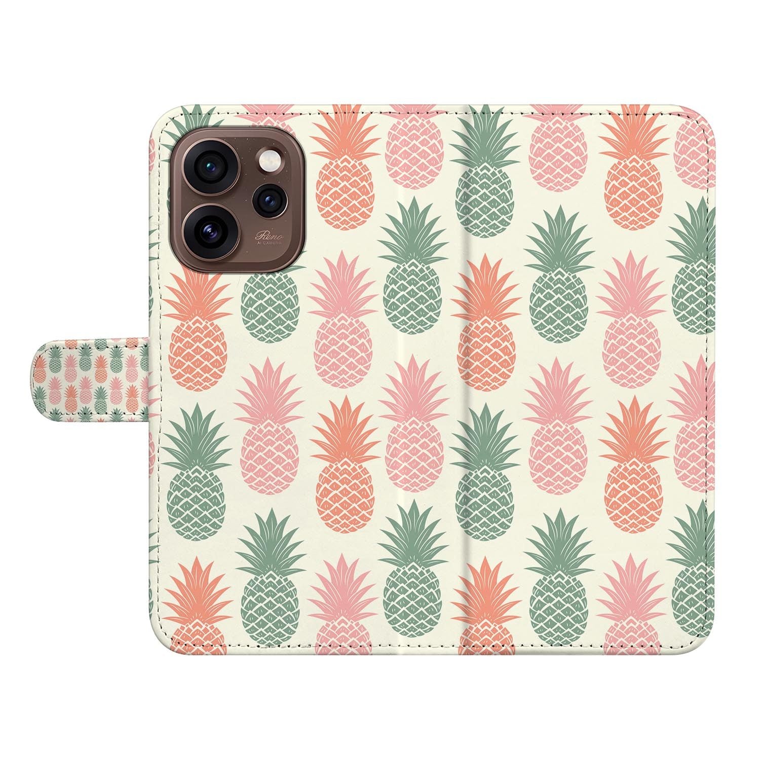 Bookcase hoesje OPPO Reno15 Pro Ananas zijaanzicht met magneetsluiting