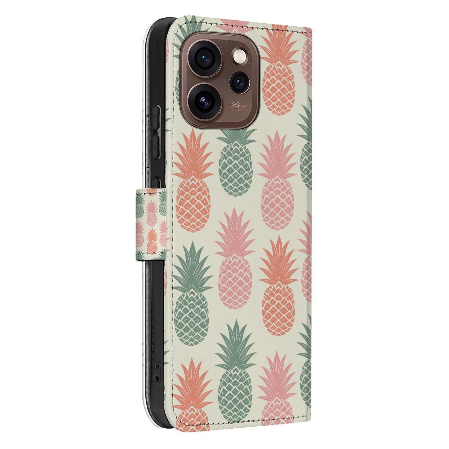 Bookcase hoesje OPPO Reno15 Pro Ananas opengeklapt met pasjesvakken zichtbaar