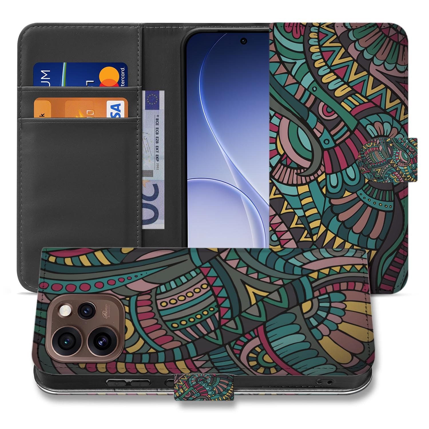 Portemonnee hoesje OPPO Reno15 Pro Aztec zijaanzicht met magneetsluiting