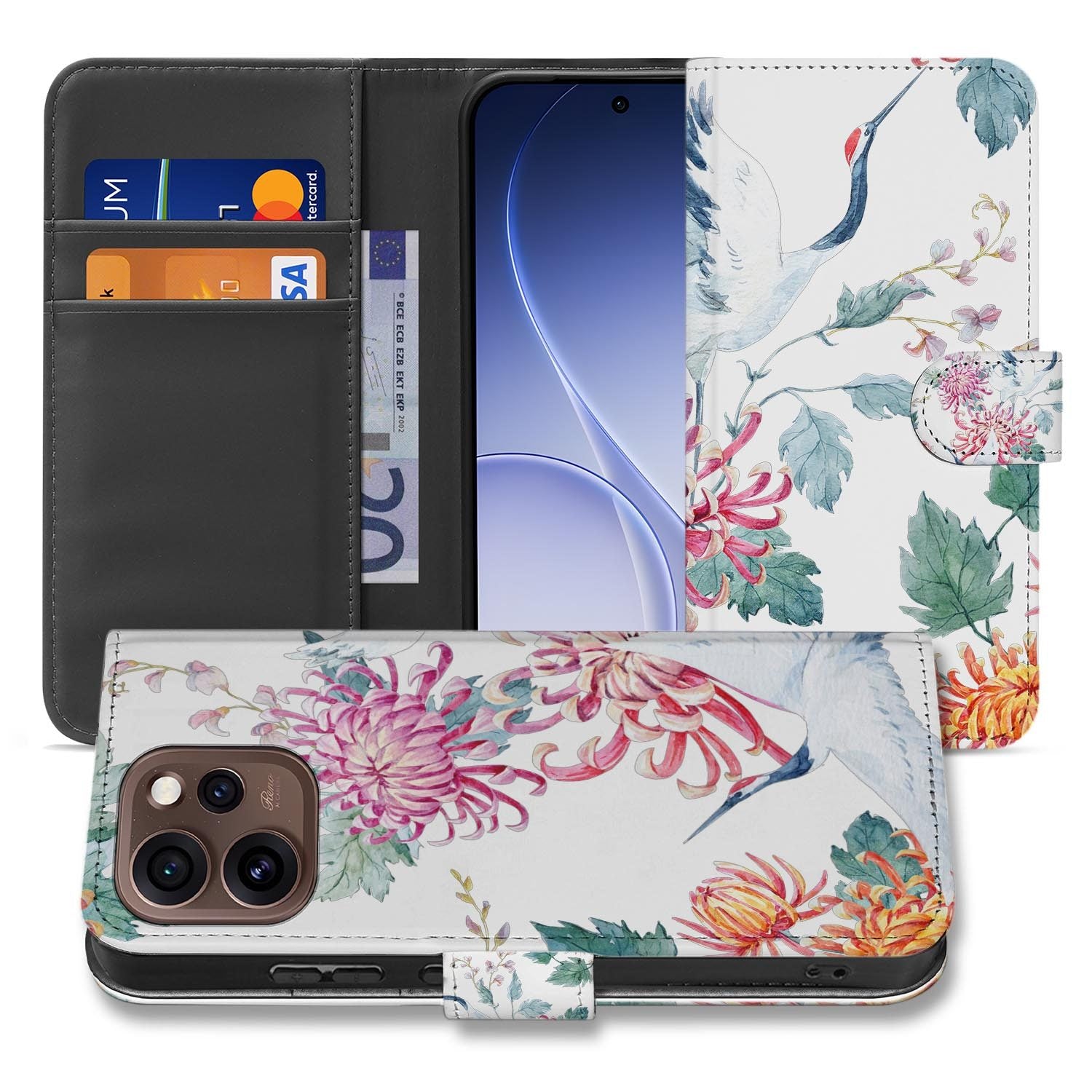 Bookcase hoesje OPPO Reno15 Pro Bird Flowers met gesloten klep, vooraanzicht