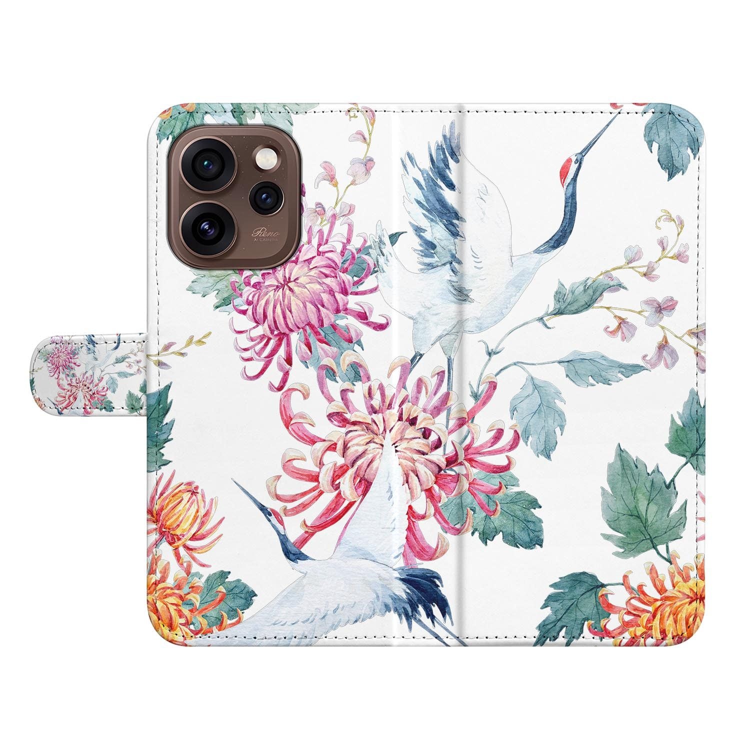 Bookcase hoesje OPPO Reno15 Pro Bird Flowers opengeklapt met pasjesvakken zichtbaar