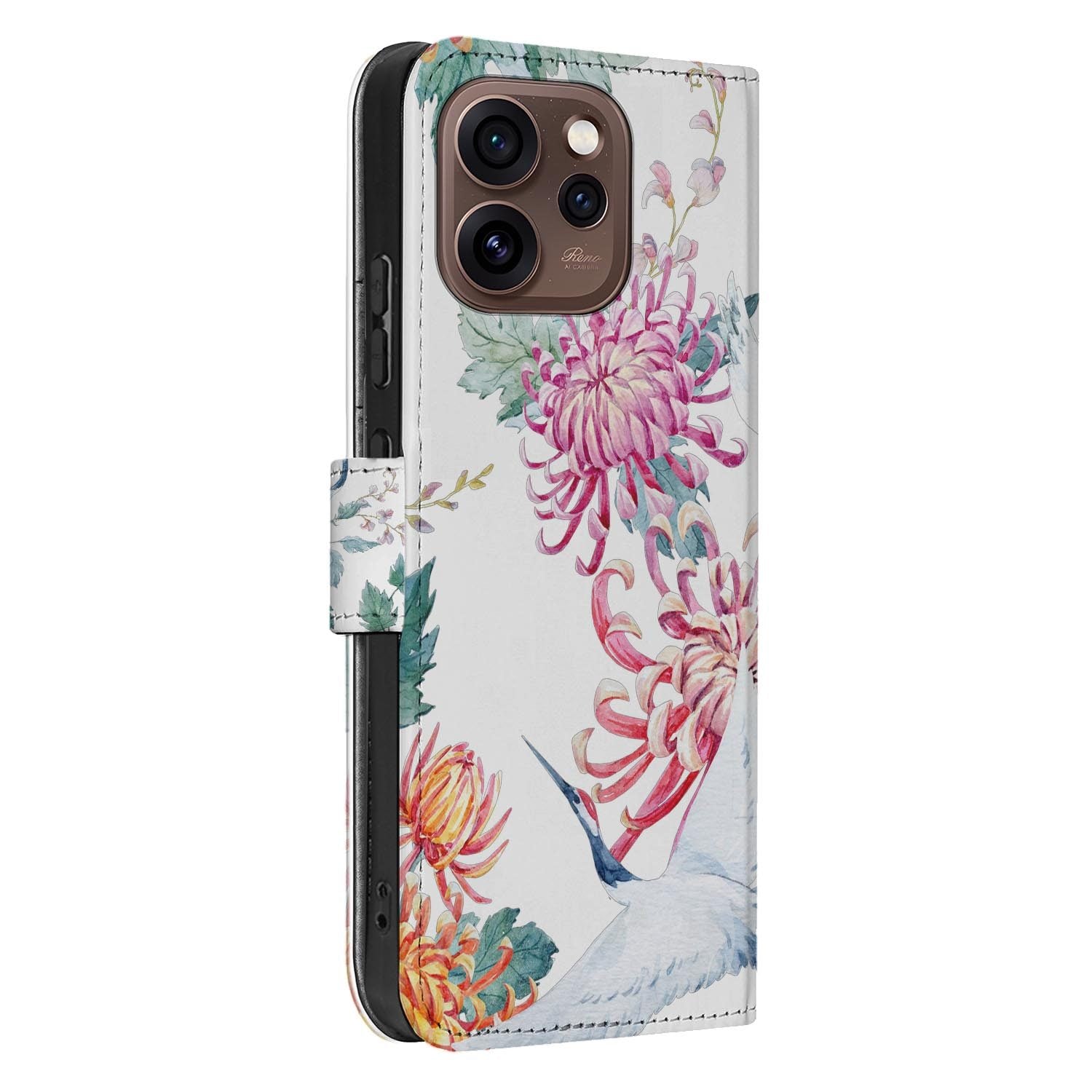 Bookcase hoesje OPPO Reno15 Pro Bird Flowers schuin aanzicht van de klep