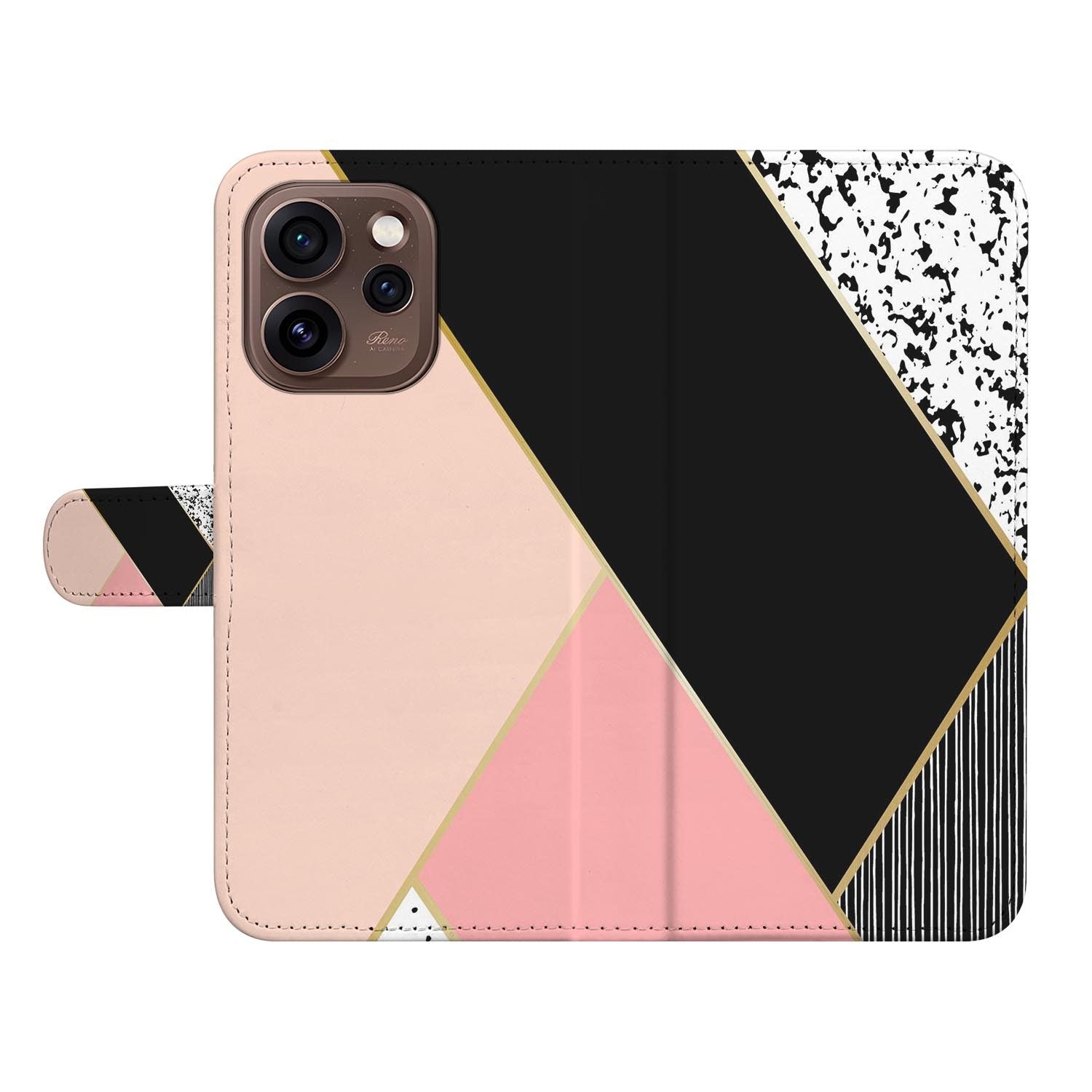 Bookcase hoesje OPPO Reno15 Pro Black Pink Shapes met gesloten klep, vooraanzicht