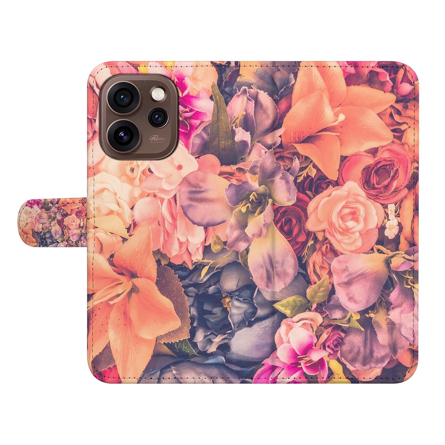 Hoesje met pasjeshouder OPPO Reno15 Pro Bosje Bloemen schuin aanzicht van de klep