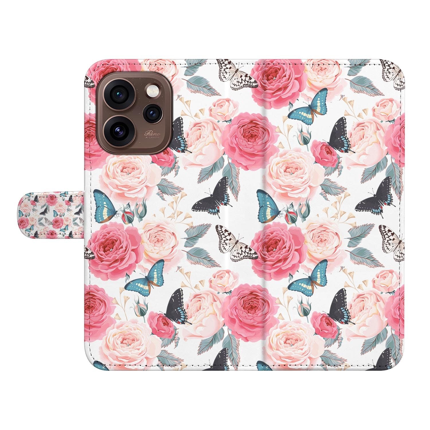 Bookcase hoesje OPPO Reno15 Pro Butterfly Roses opengeklapt met pasjesvakken zichtbaar