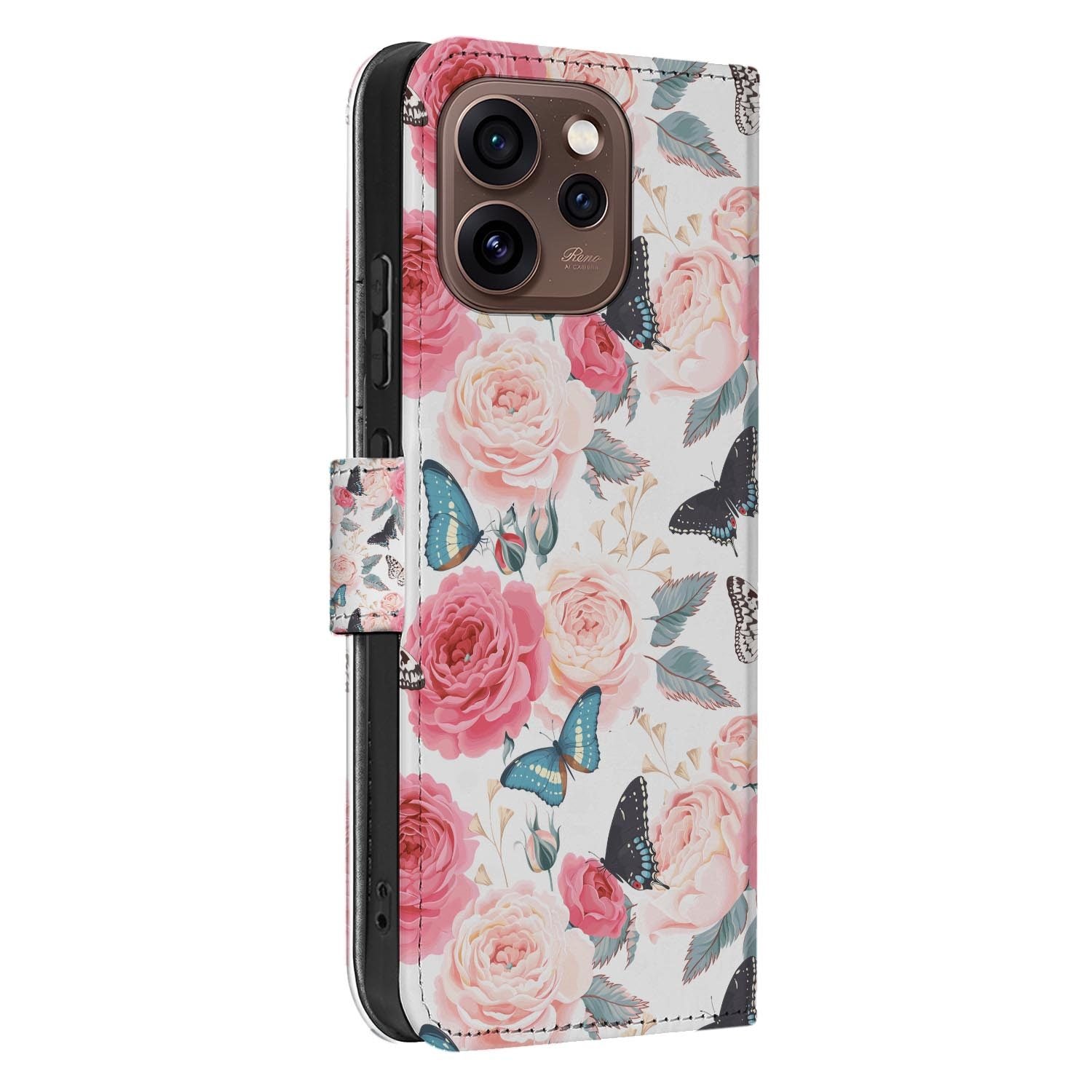 Bookcase hoesje OPPO Reno15 Pro Butterfly Roses schuin aanzicht van de klep