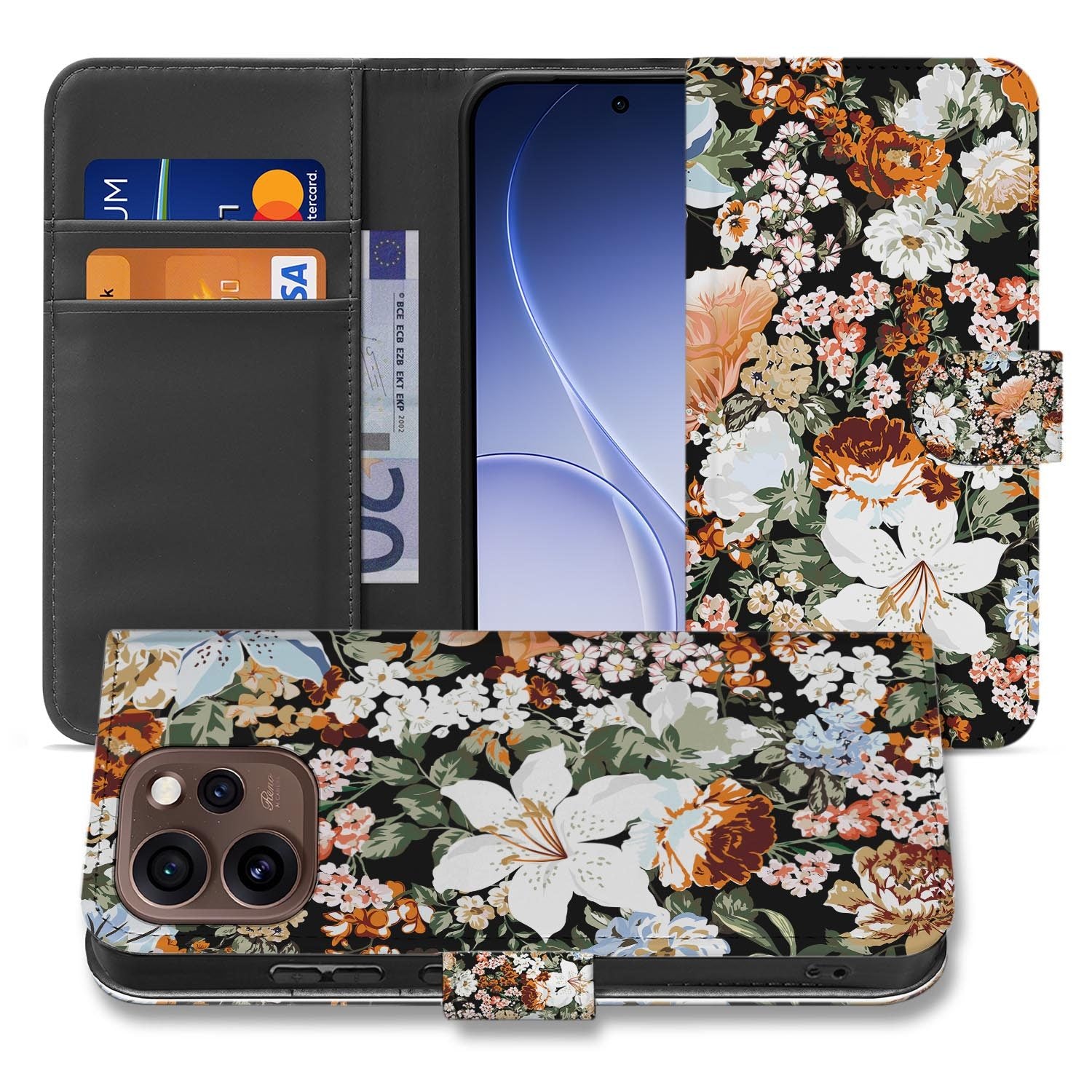 Book case hoesje OPPO Reno15 Pro Dark Flowers schuin aanzicht van de klep
