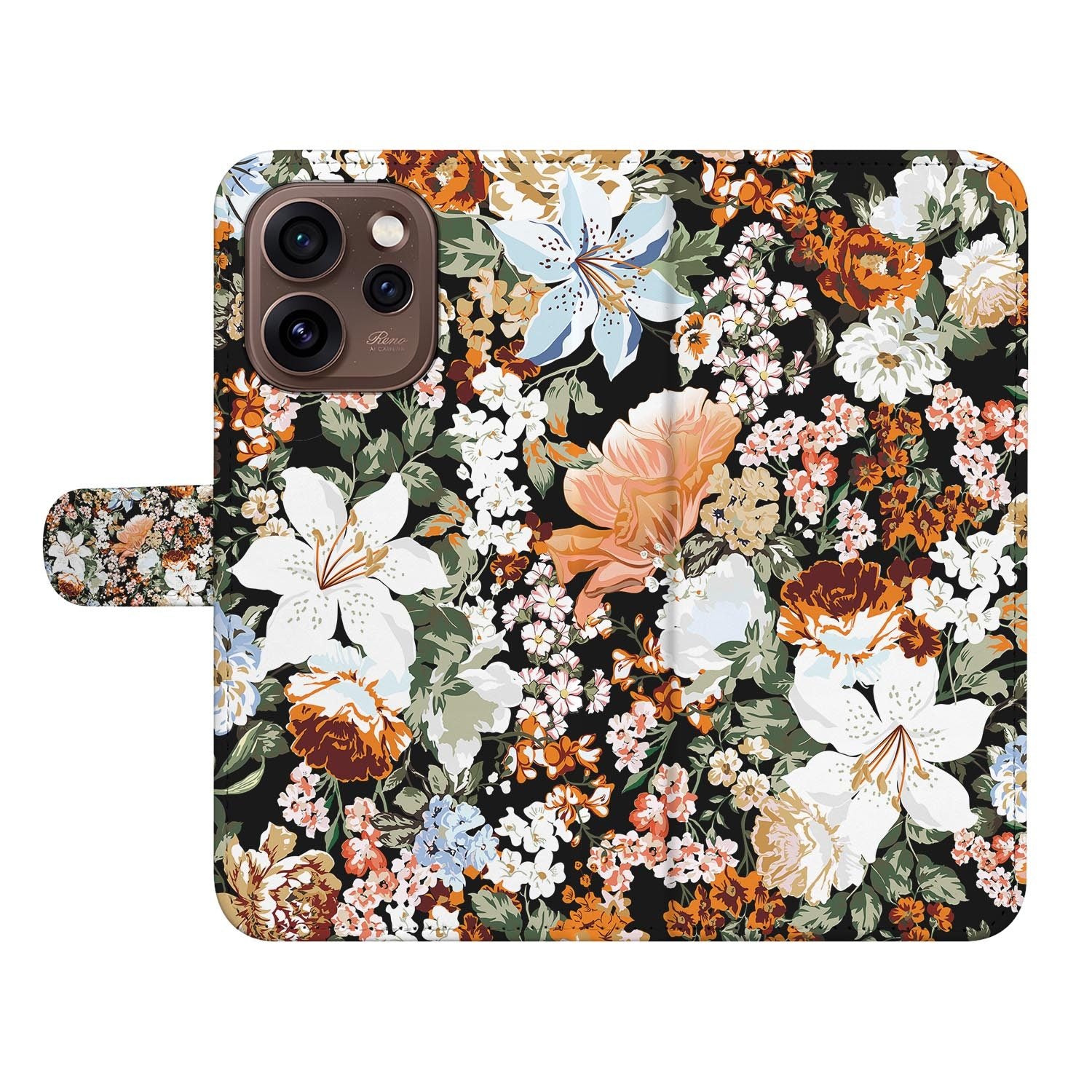 Book case hoesje OPPO Reno15 Pro Dark Flowers met gesloten klep, vooraanzicht